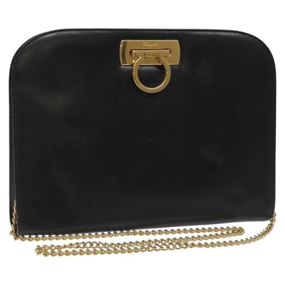 Salvatore Ferragamo Gancini Chain Shoulder Bag Leather Black Gold Auth BD223
